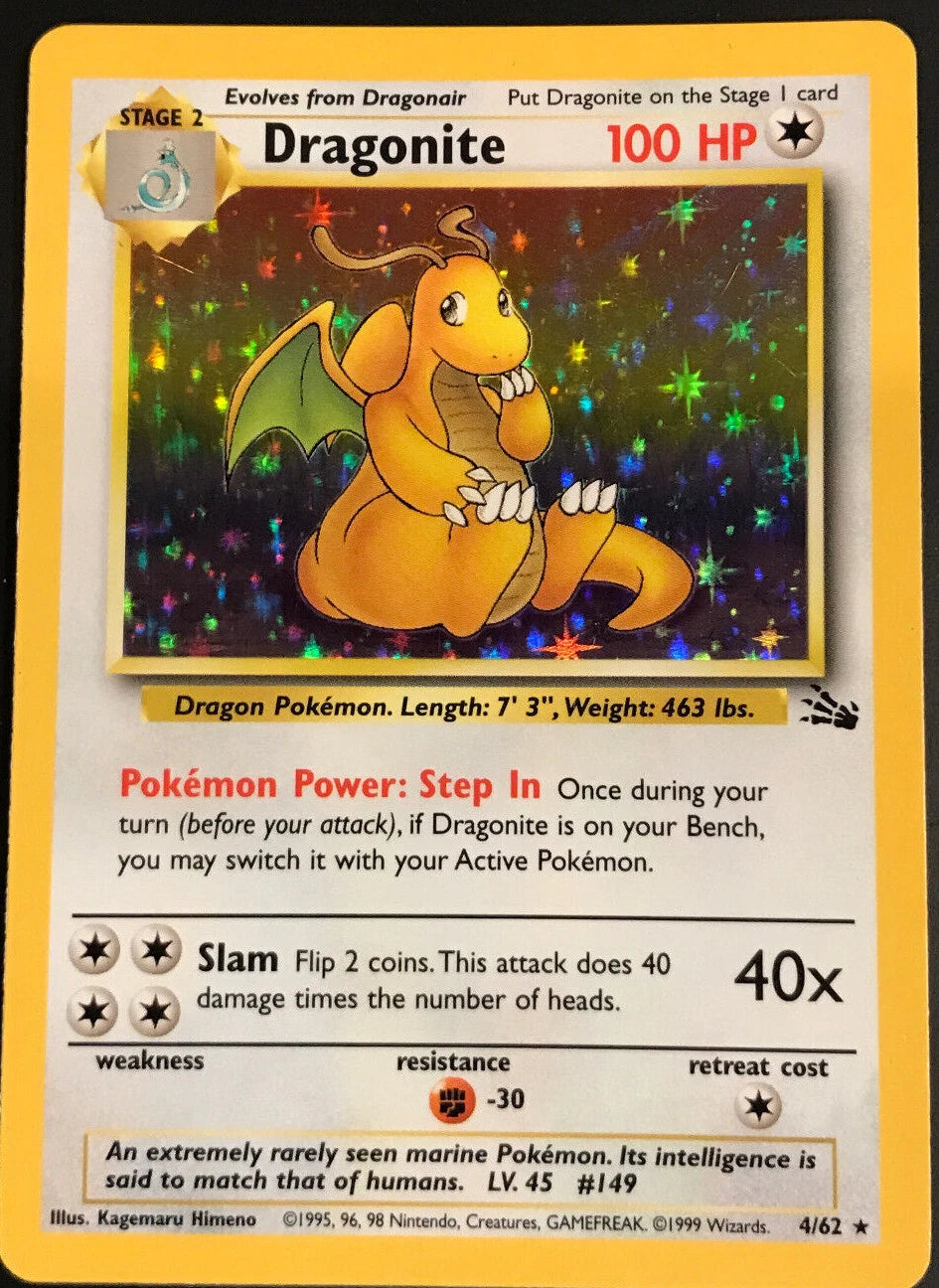 1995-1998 Pokemon Fossil Unlimited Dragonite Holofoil 4/62